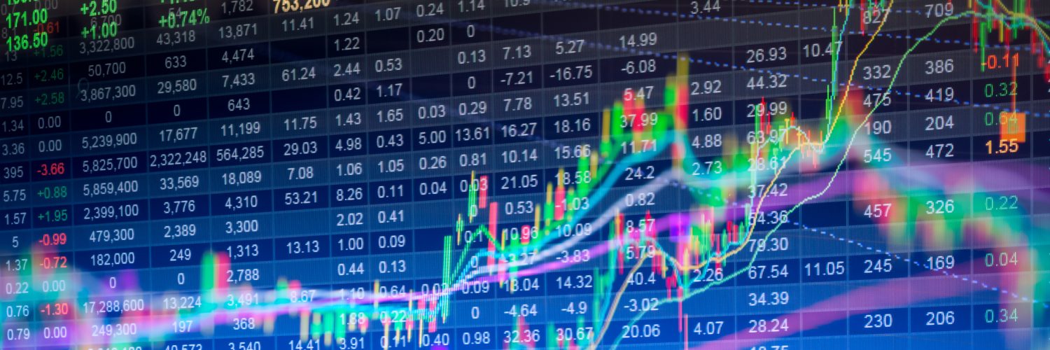 Stock market indicator and financial data view from LED. Double exposure financial graph and stock indicator including stock education or marketing analysis. Abstract financial indicator background.